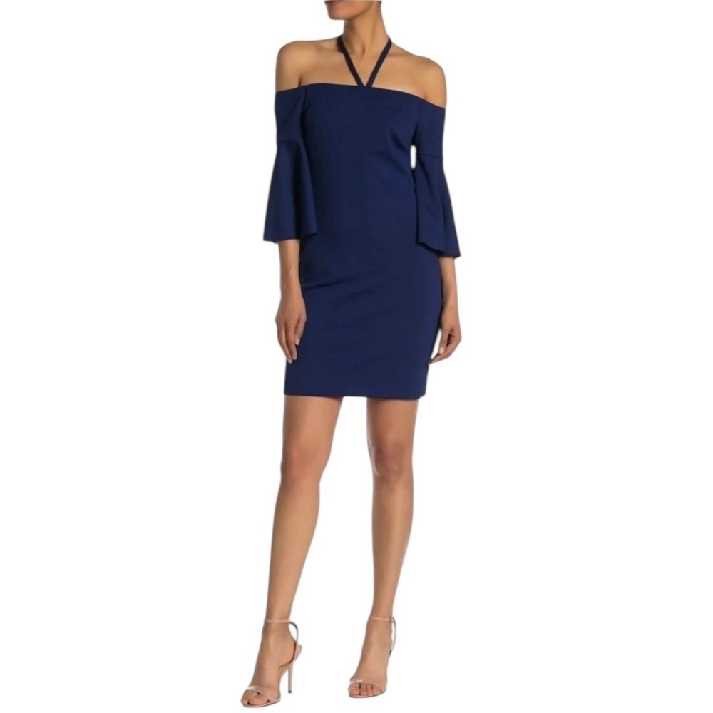 Trina Turk Women's Bell Sleeve Navy Blue Tie Neck Dress Size S/M